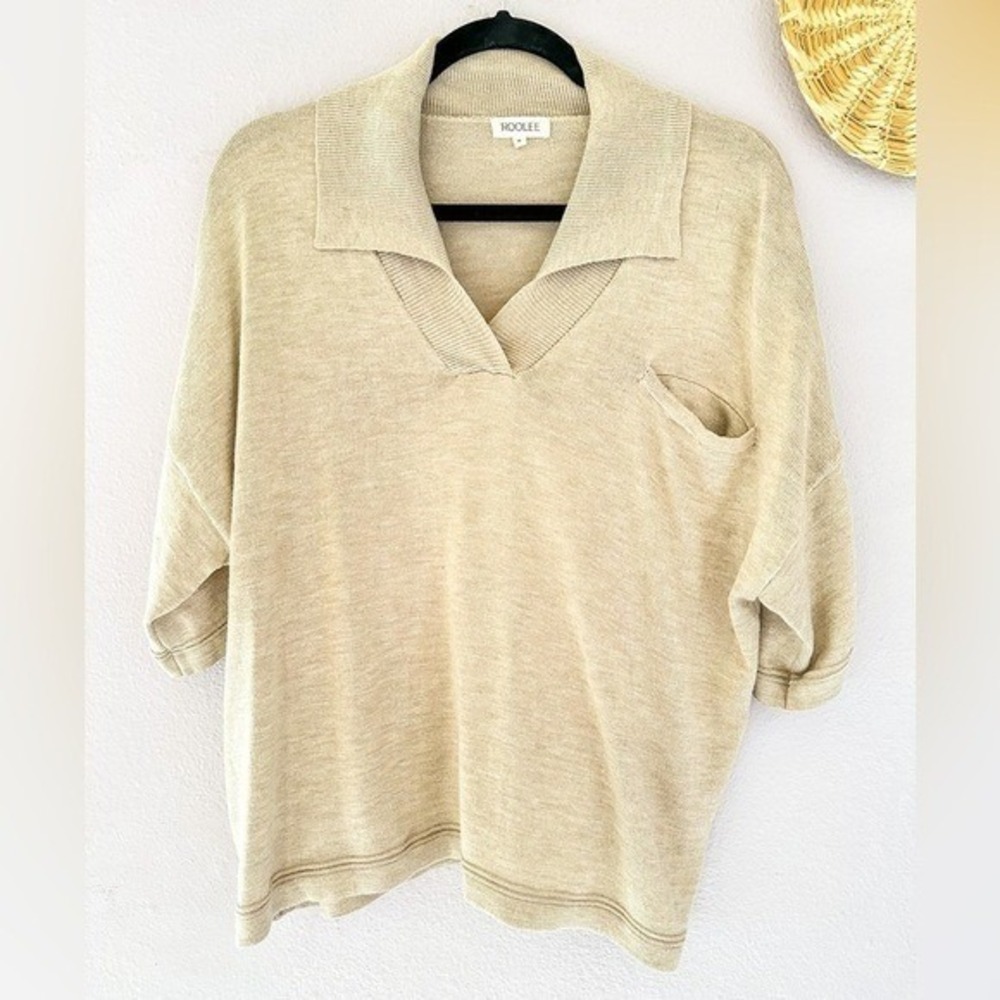 Roolee Womens Small Beige Knit Polo Sweater Short Sleeve Top